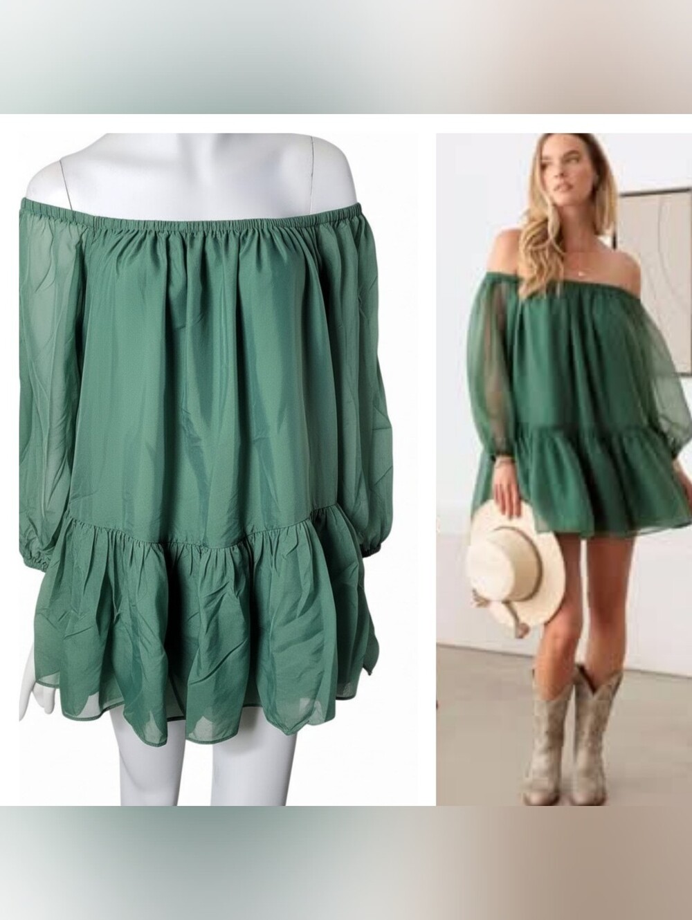 Green Organza Off Shoulder Puff Sleeve Drop Waist Mini Dress‎